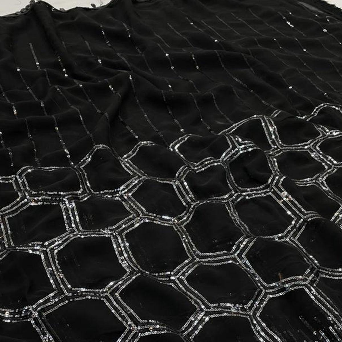 Black Sequence Embroidered Georgette Saree - Peachmode