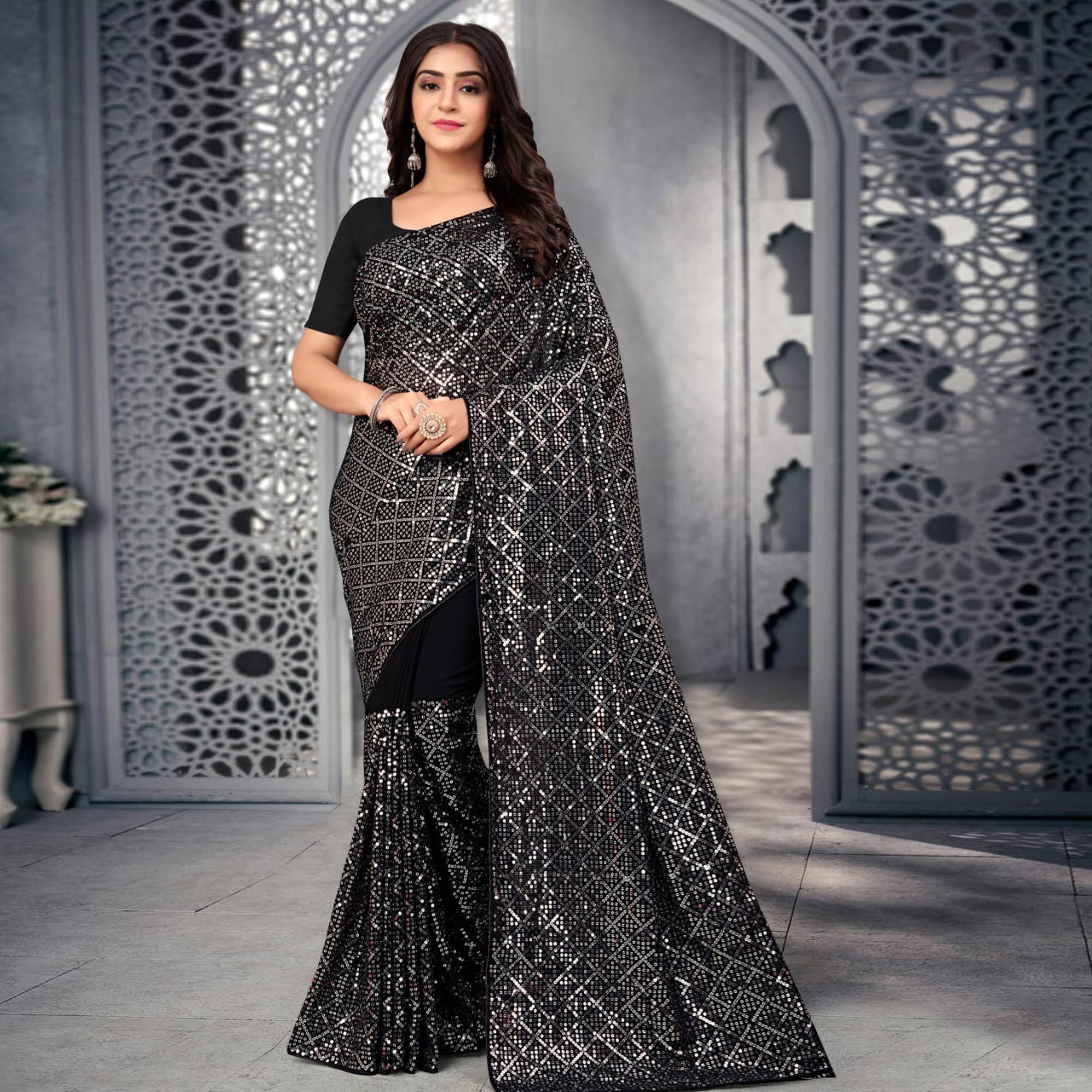 Black Sequence Embroidered Georgette Saree - Peachmode