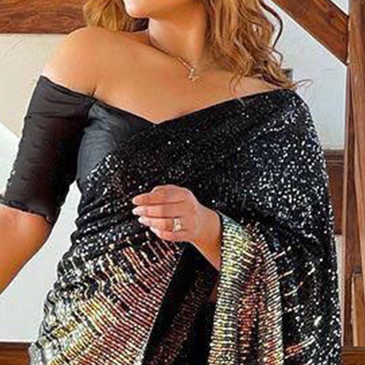 Black Sequence Embroidered Georgette Saree - Peachmode