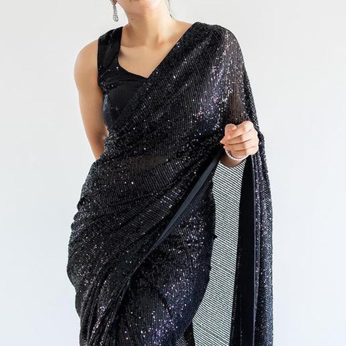 Black Sequence Embroidered Georgette Saree - Peachmode