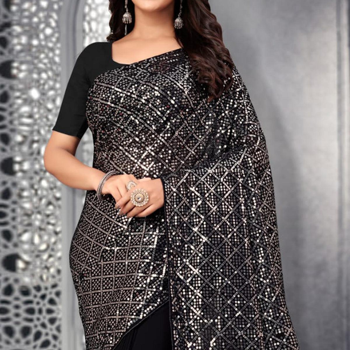 Black Sequence Embroidered Georgette Saree - Peachmode