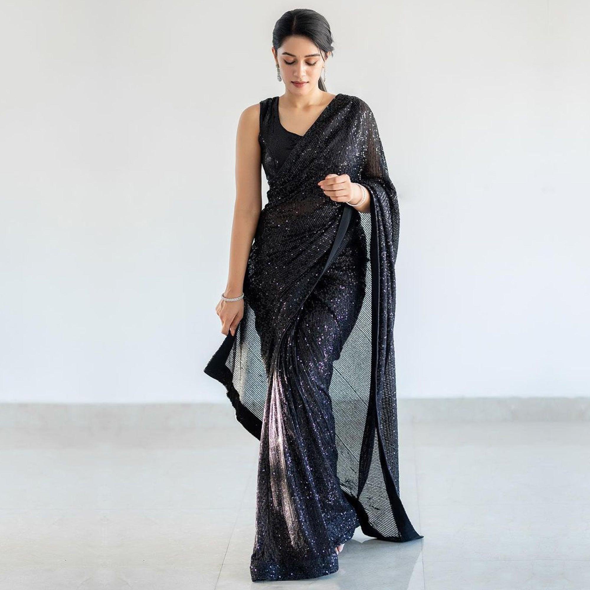 Black Sequence Embroidered Georgette Saree - Peachmode