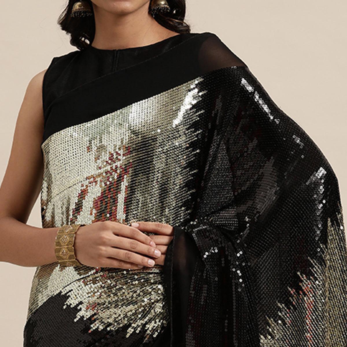 Black Sequence Embroidered Georgette Saree - Peachmode