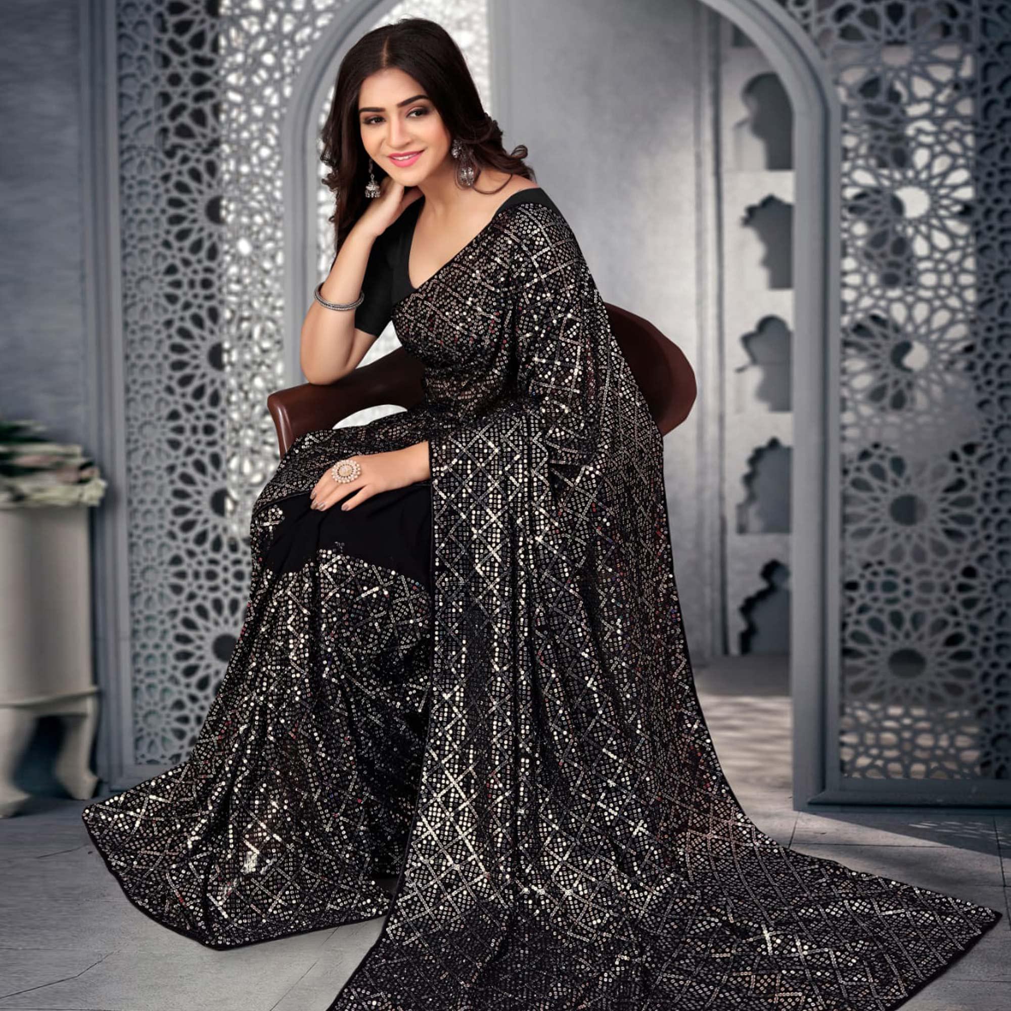 Black Sequence Embroidered Georgette Saree - Peachmode