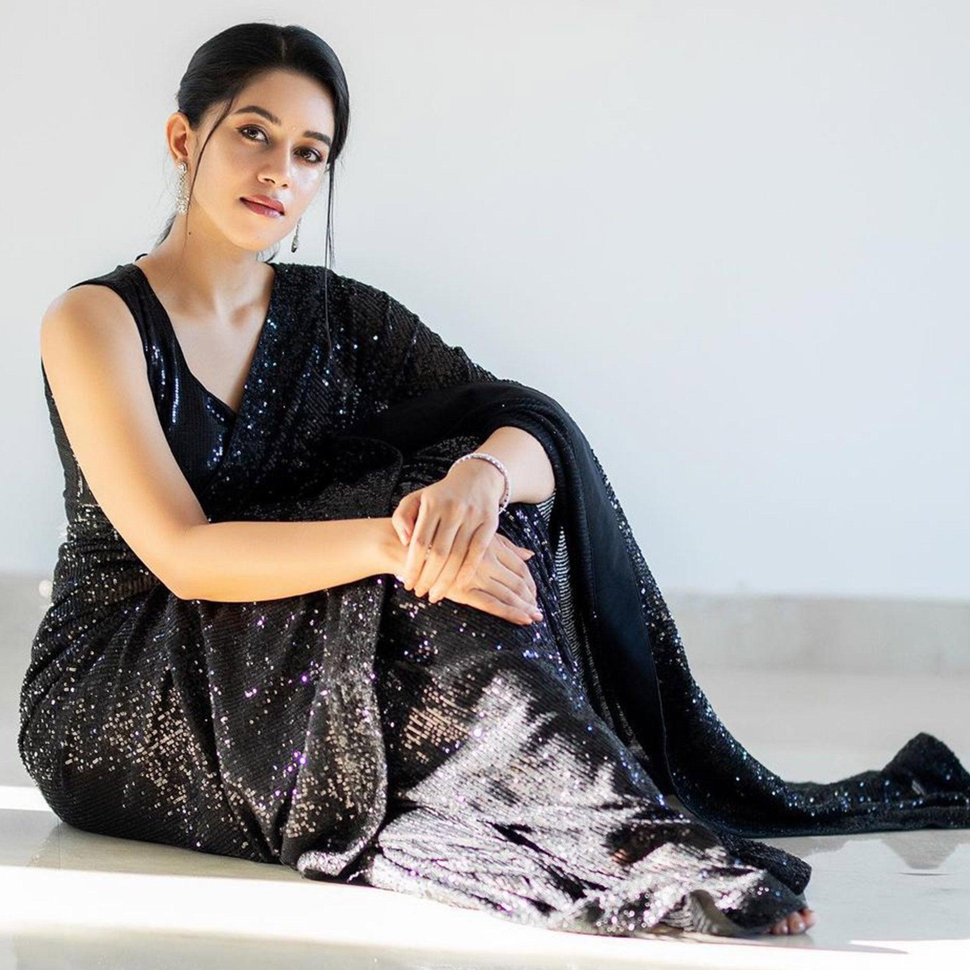 Black Sequence Embroidered Georgette Saree - Peachmode