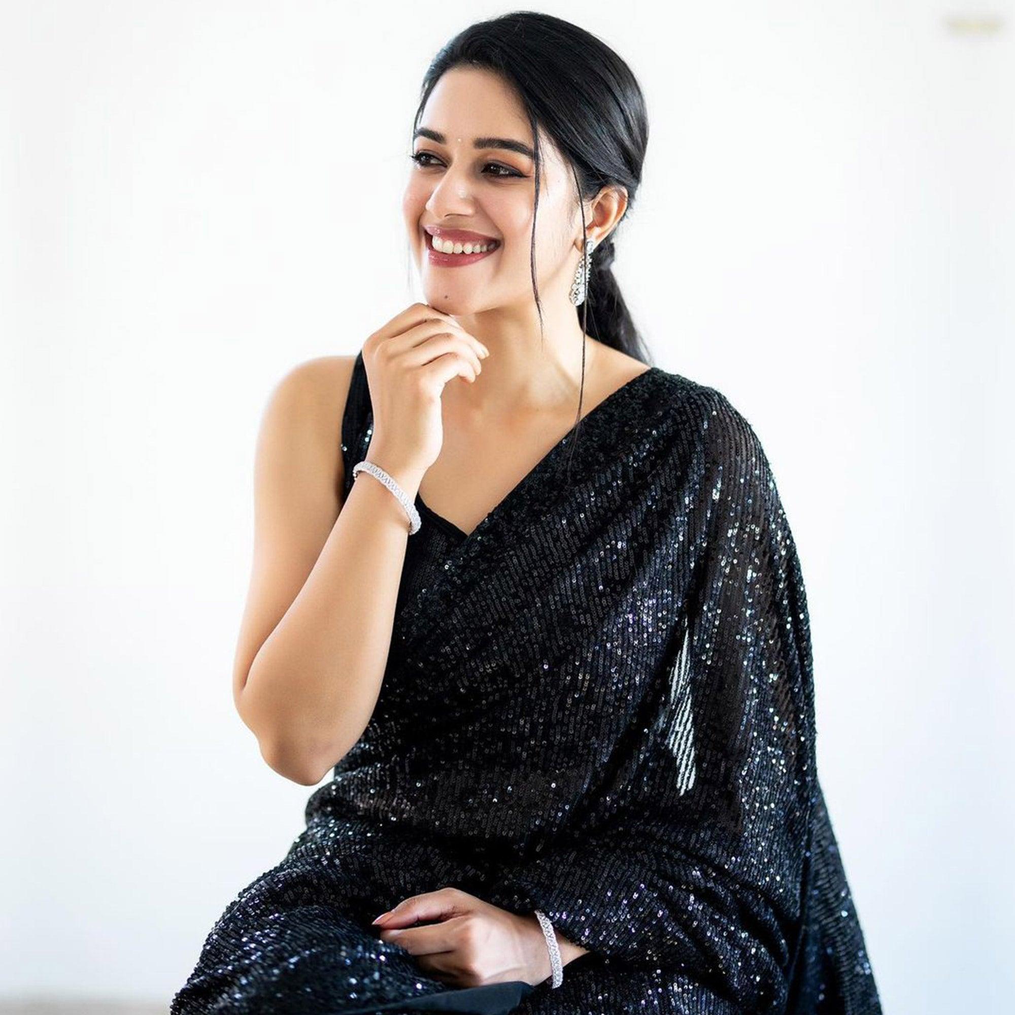 Black Sequence Embroidered Georgette Saree - Peachmode