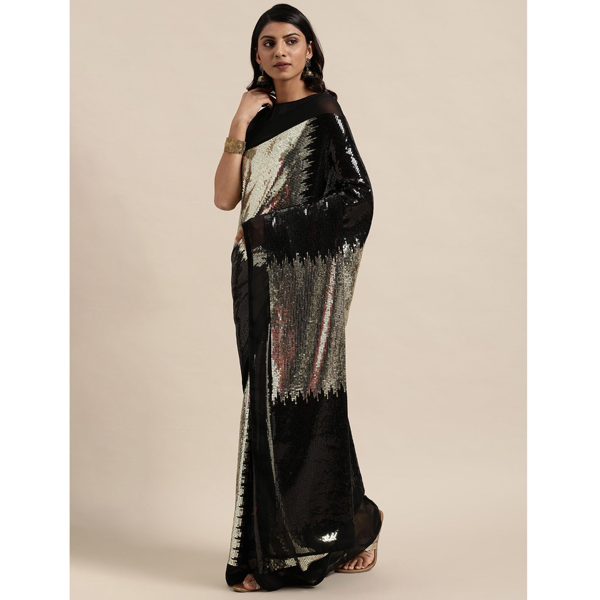 Black Sequence Embroidered Georgette Saree - Peachmode
