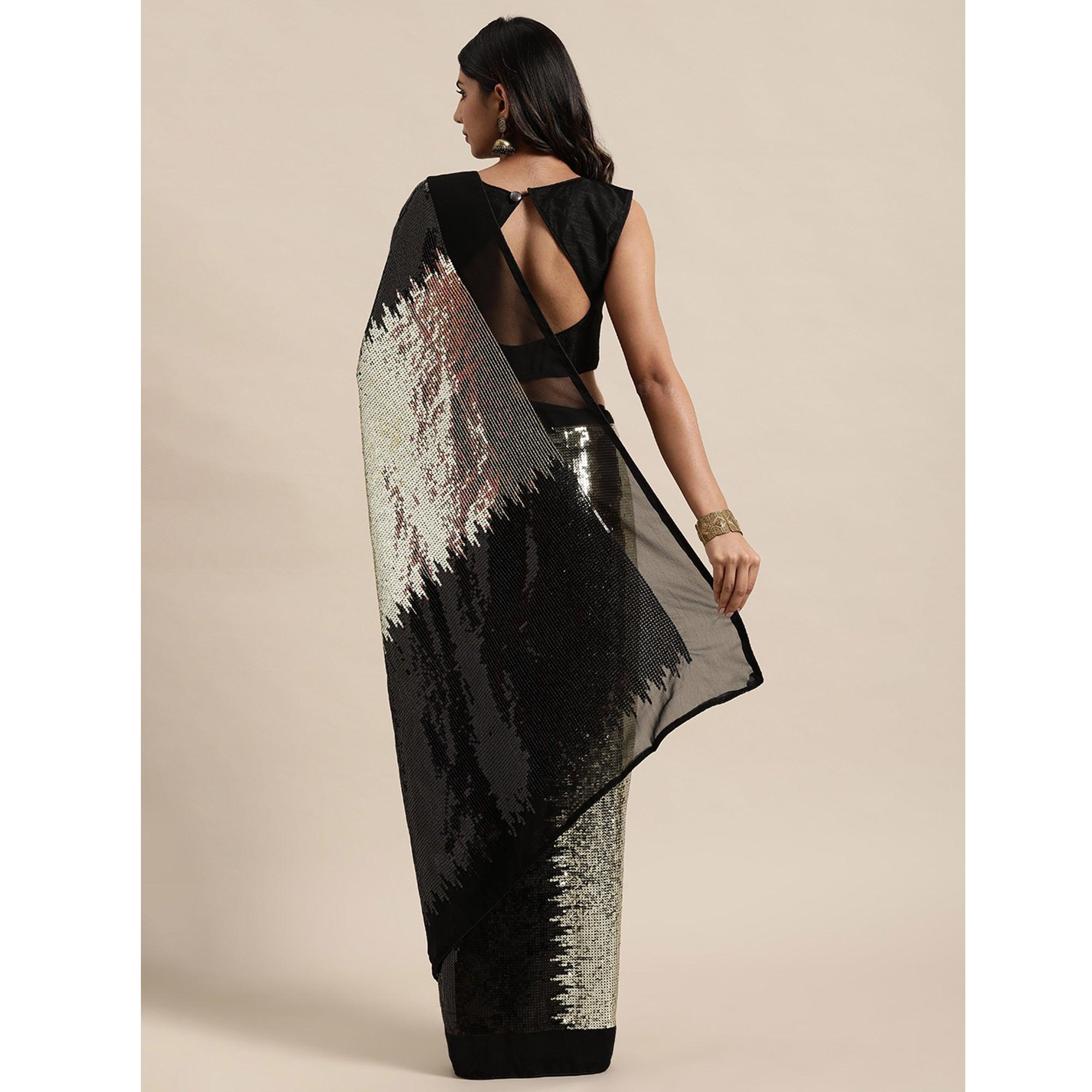 Black Sequence Embroidered Georgette Saree - Peachmode