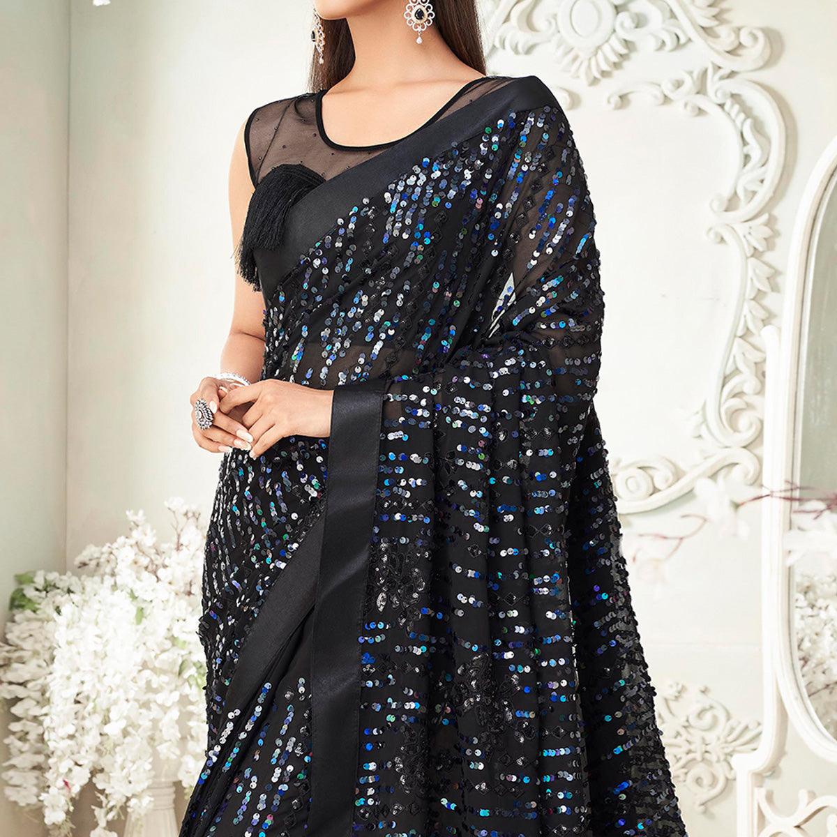 Black Sequence Embroidered Georgette Saree With Tassels - Peachmode