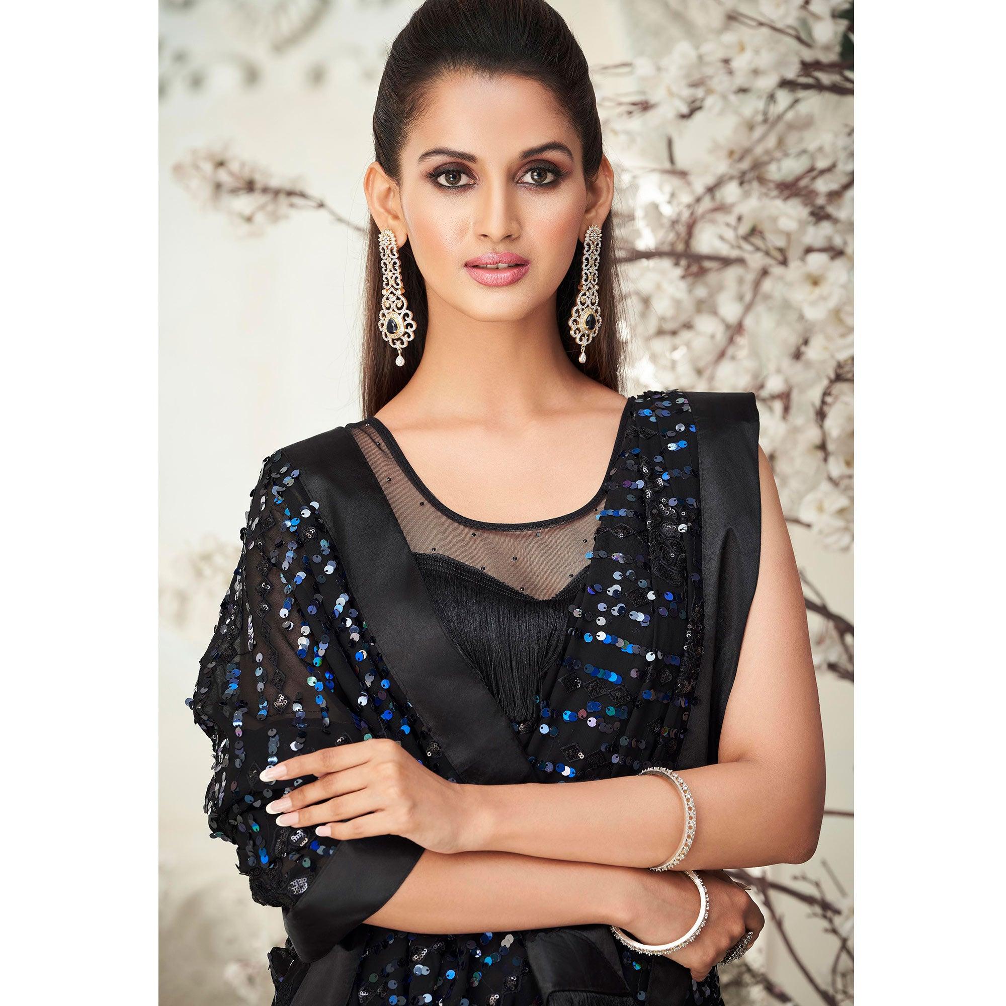 Black Sequence Embroidered Georgette Saree With Tassels - Peachmode