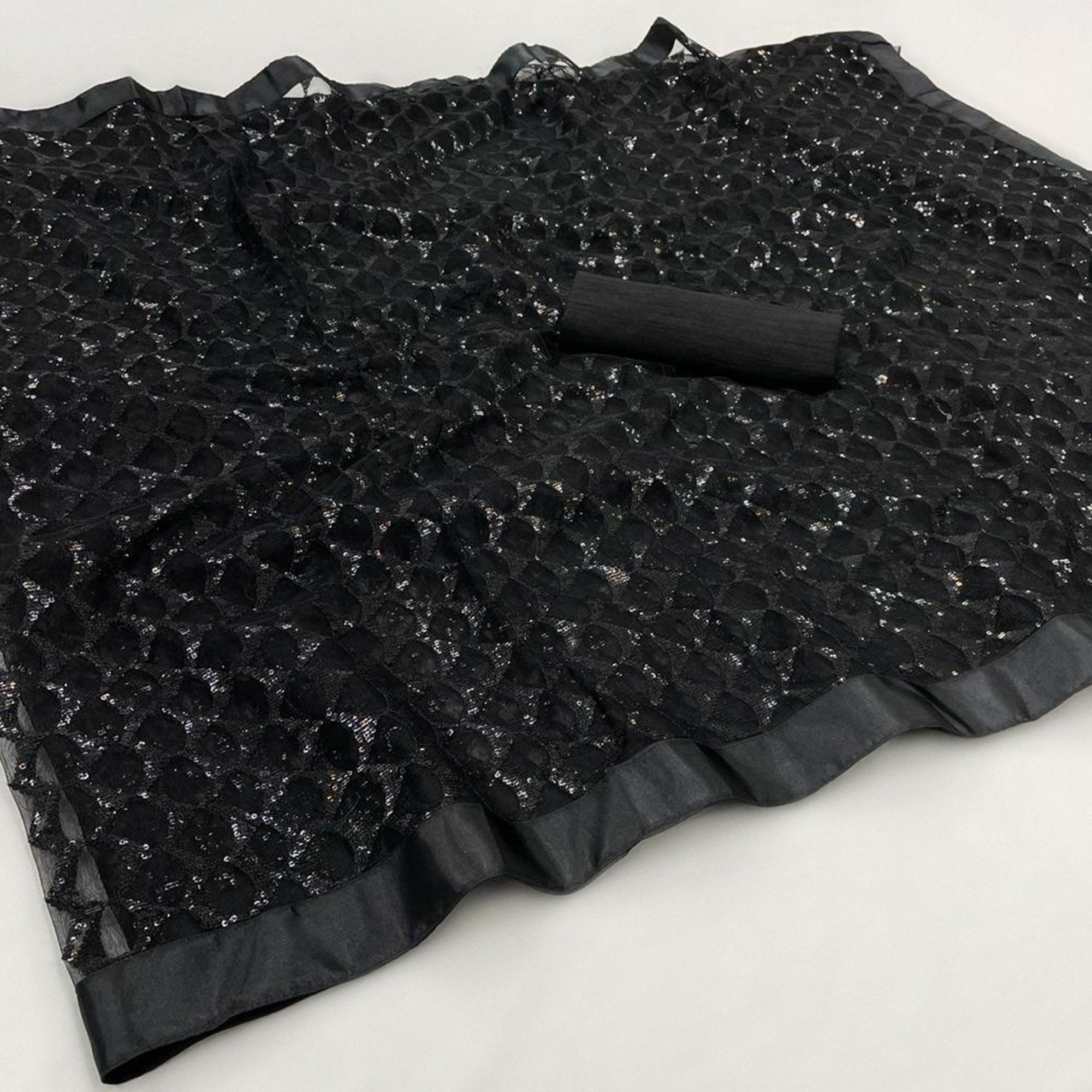 Black Sequence Embroidered Net Saree - Peachmode