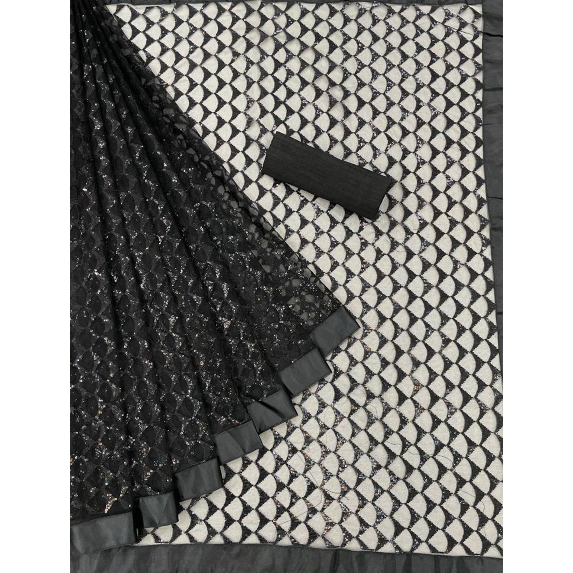 Black Sequence Embroidered Net Saree - Peachmode