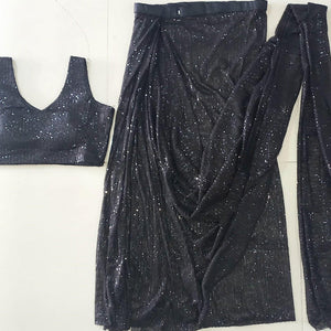Black Sequence Embroidered Netted Stitched Saree - Peachmode