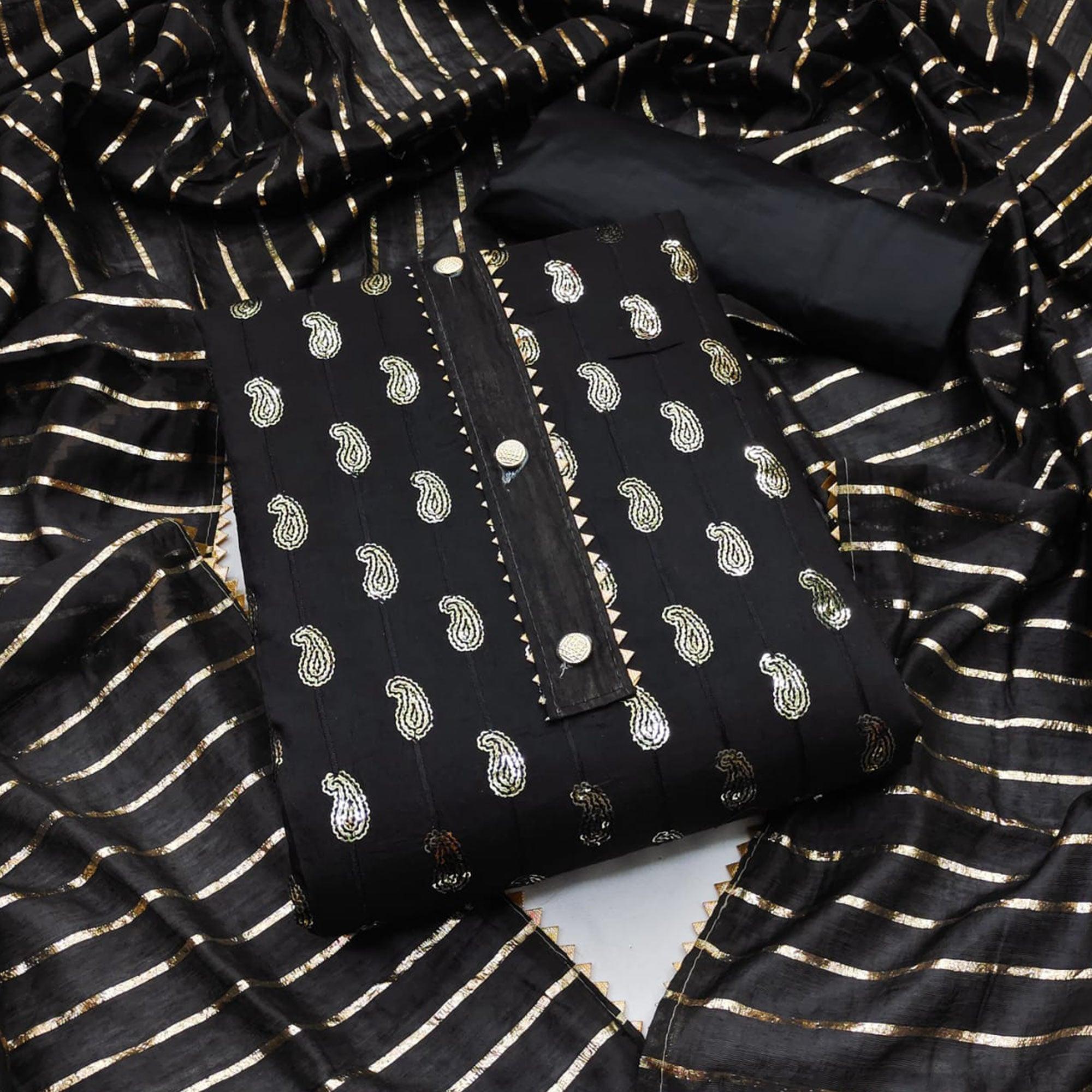 Black Sequence Embroidered Pure Cotton Dress Material - Peachmode