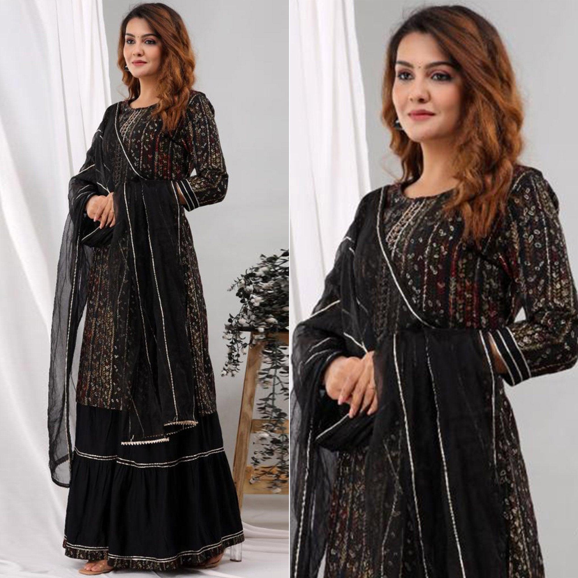 Black Sequence Embroidered Pure Cotton Kurti Palazzo Suit - Peachmode