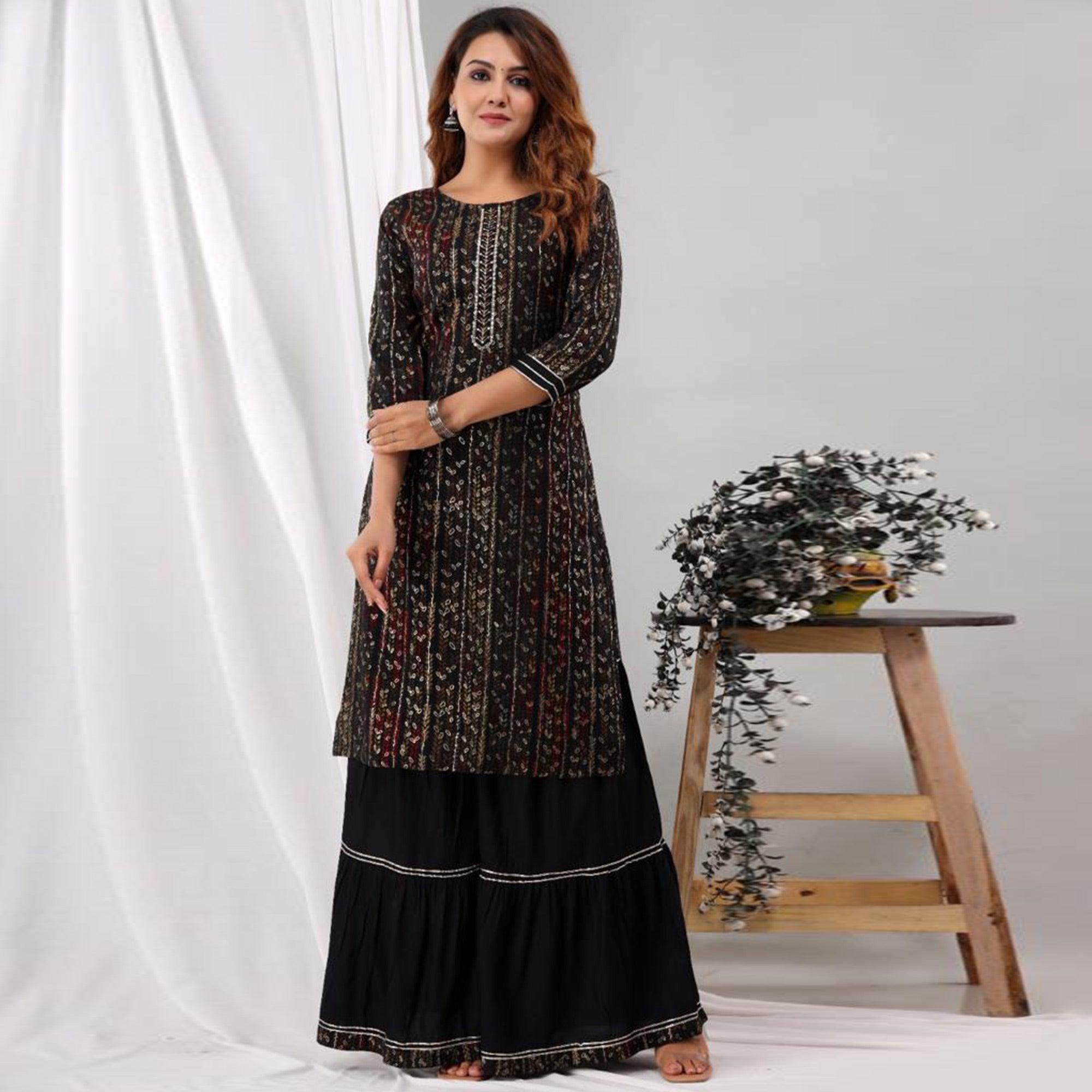 Black Sequence Embroidered Pure Cotton Kurti Palazzo Suit - Peachmode
