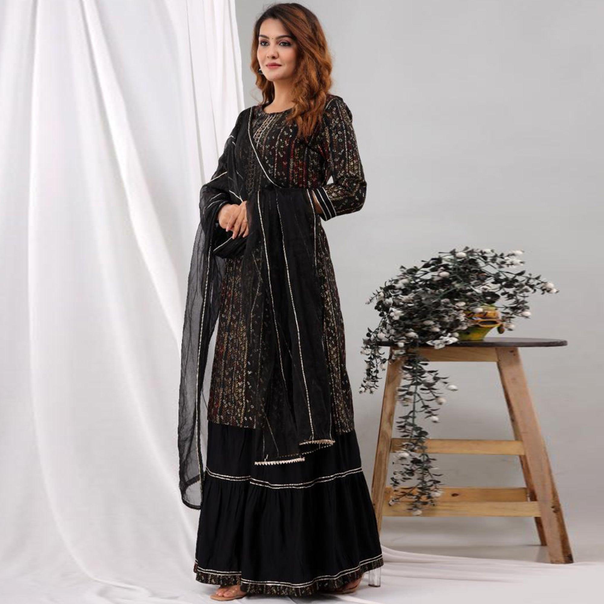 Black Sequence Embroidered Pure Cotton Kurti Palazzo Suit - Peachmode