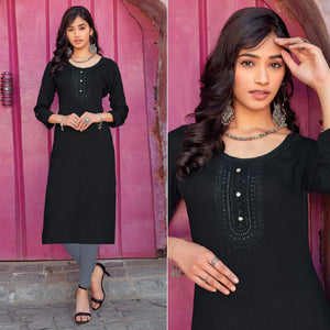 Black Sequence Embroidered Pure Cotton Kurti - Peachmode