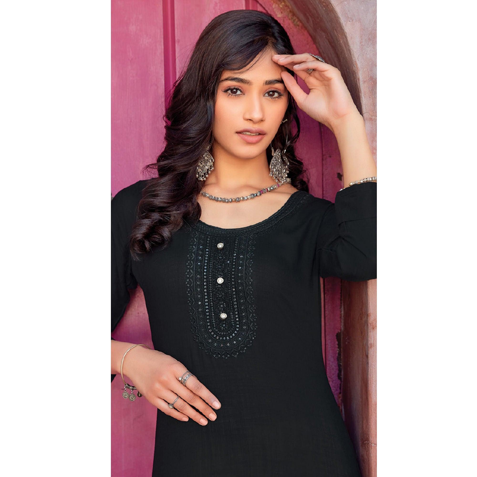 Black Sequence Embroidered Pure Cotton Kurti - Peachmode