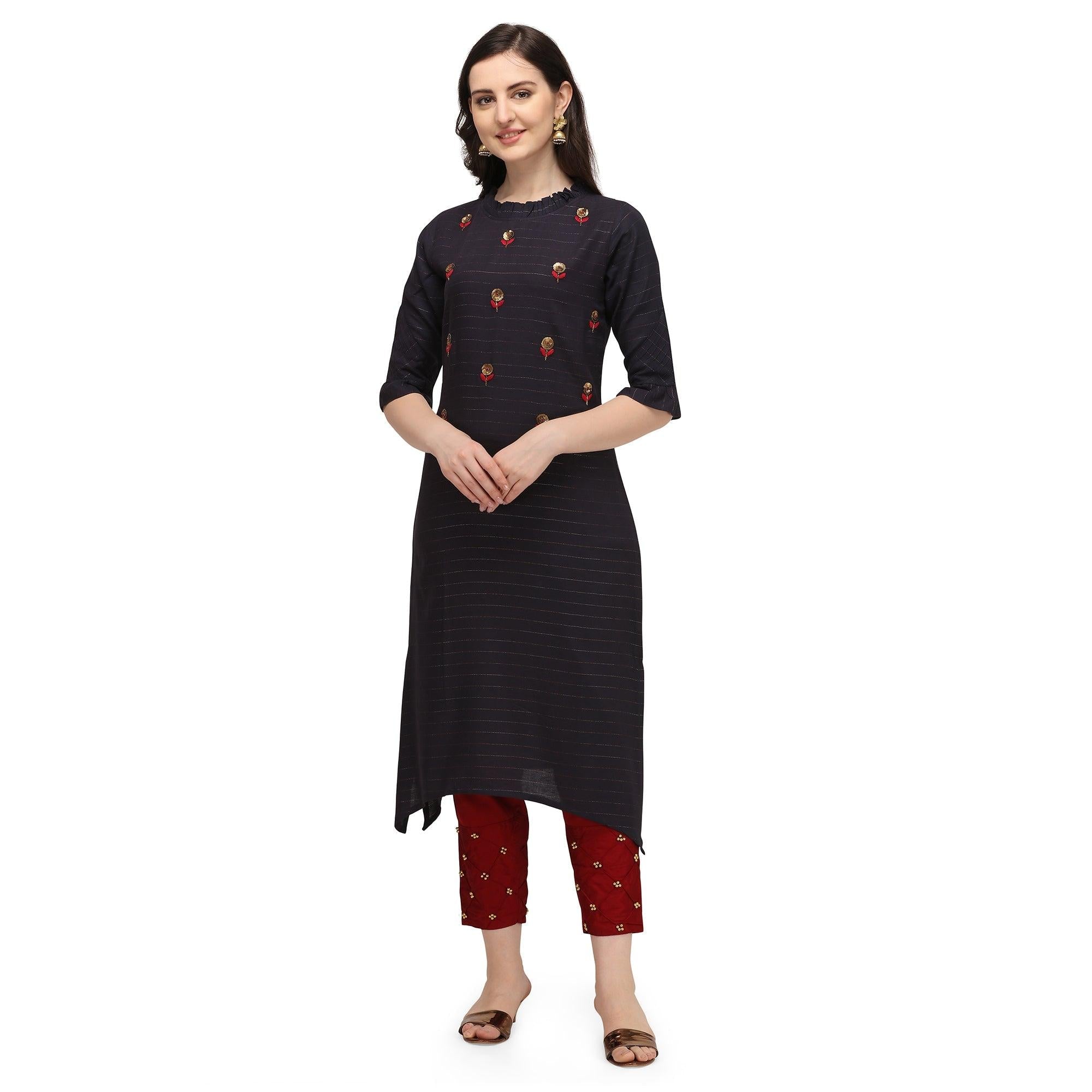 Black Sequence Embroidered Rayon Kurti - Peachmode