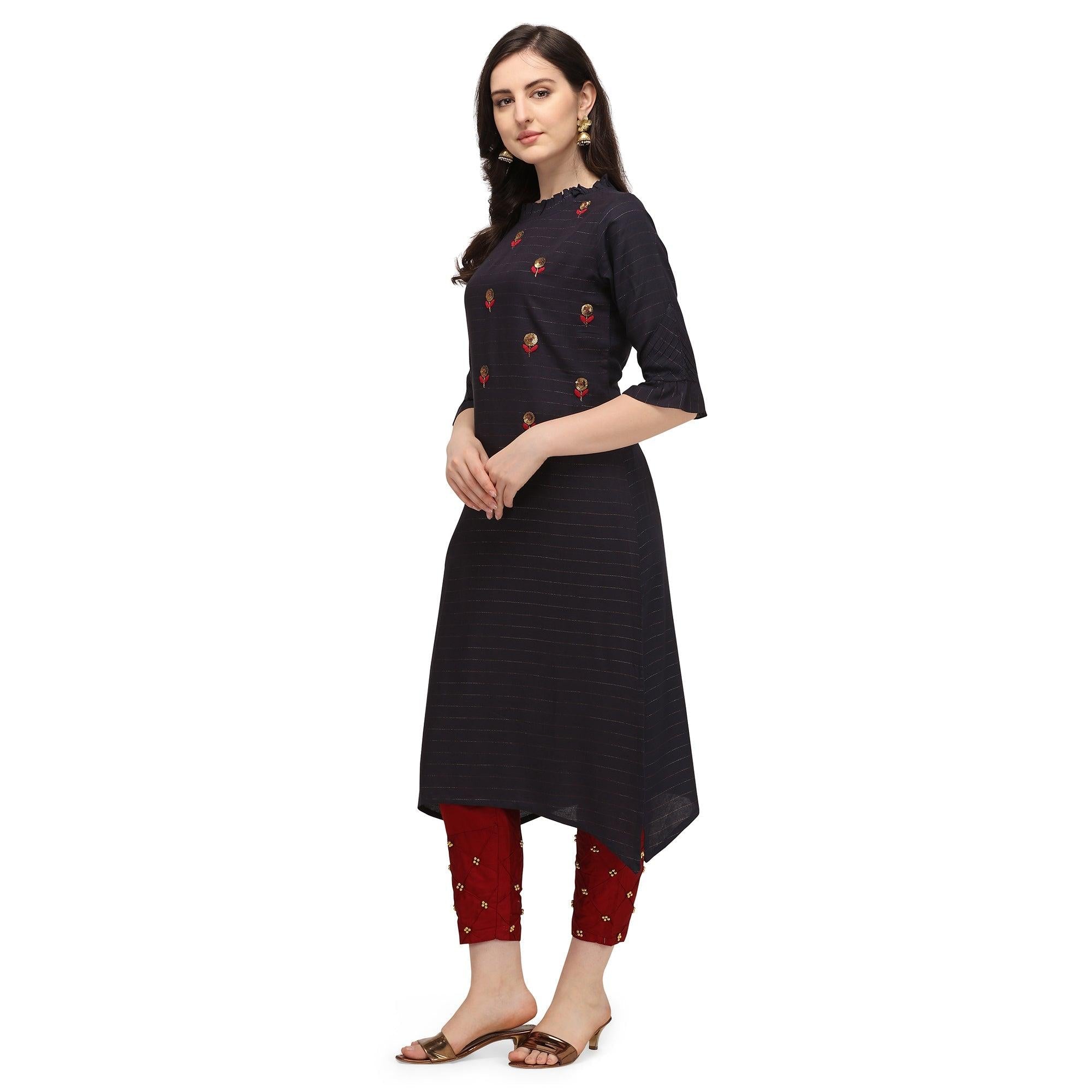 Black Sequence Embroidered Rayon Kurti - Peachmode