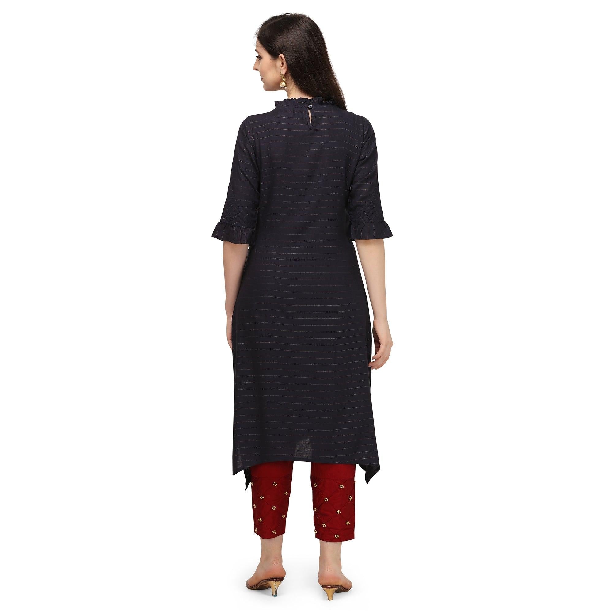 Black Sequence Embroidered Rayon Kurti - Peachmode