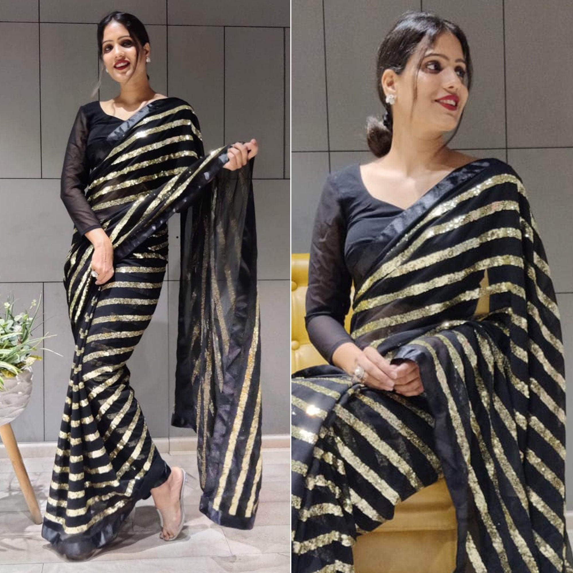 Black Sequence Embroidered With Stripes Georgette Saree - Peachmode