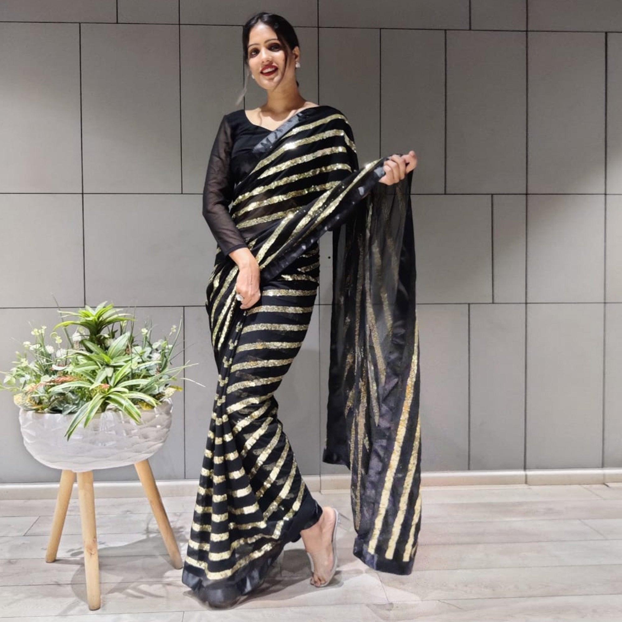 Black Sequence Embroidered With Stripes Georgette Saree - Peachmode