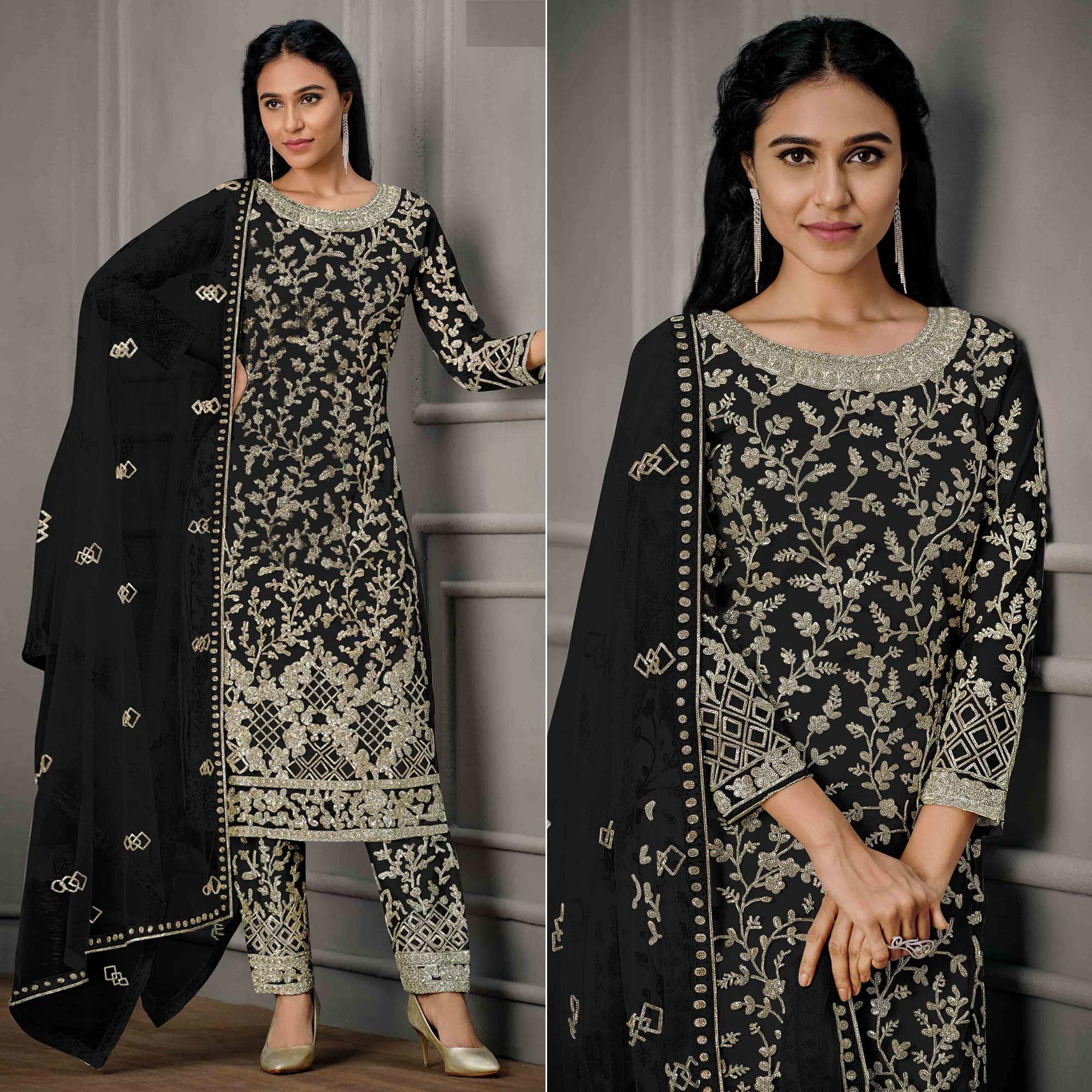 Black Sequence Floral Embroidered Net Salwar Suit - Peachmode