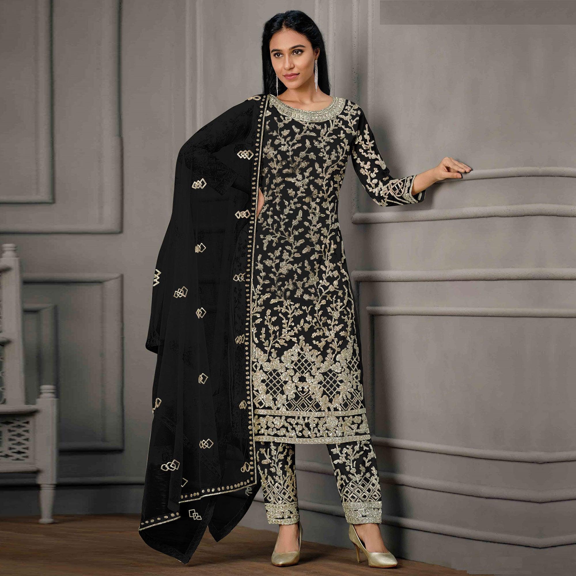 Black Sequence Floral Embroidered Net Salwar Suit - Peachmode