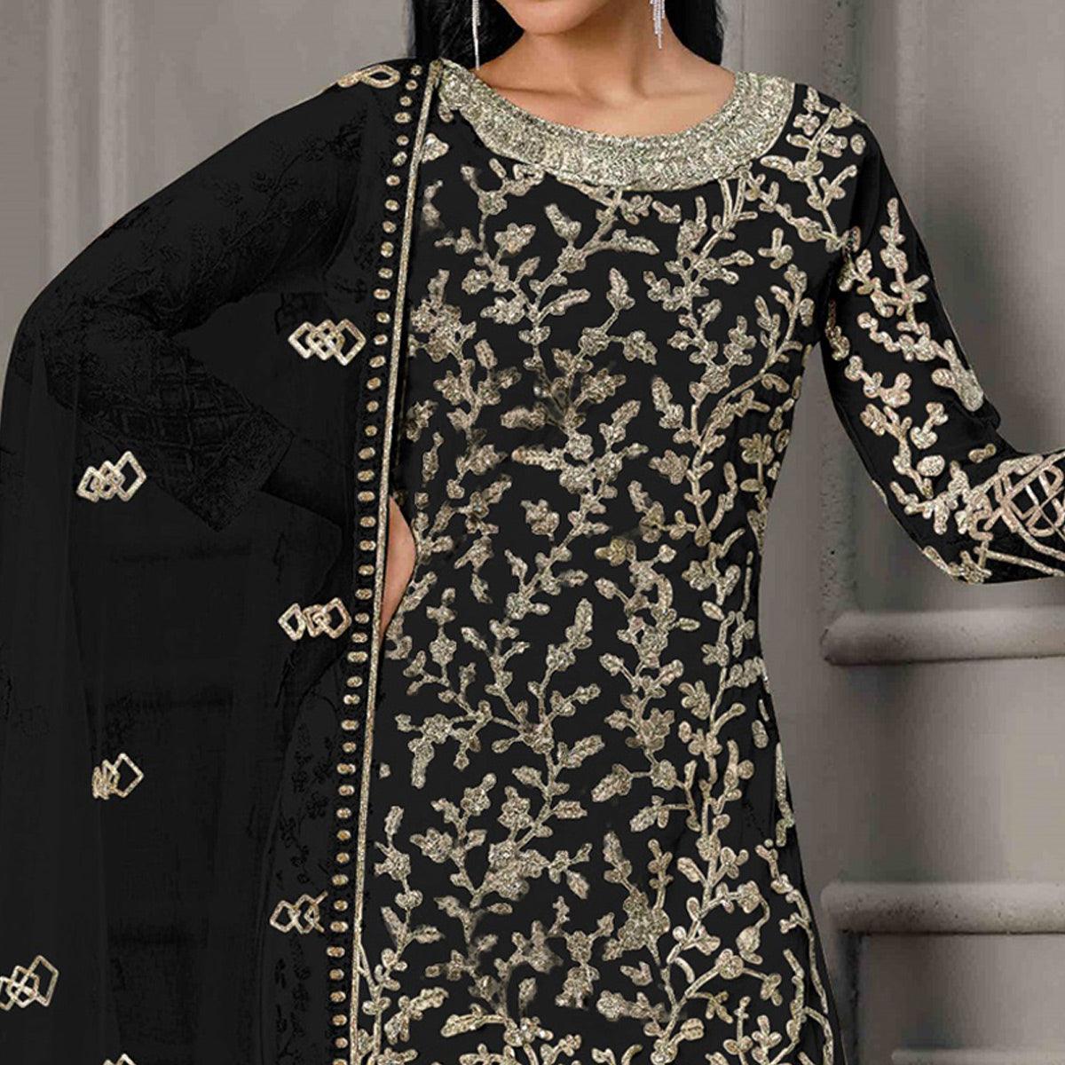 Black Sequence Floral Embroidered Net Salwar Suit - Peachmode