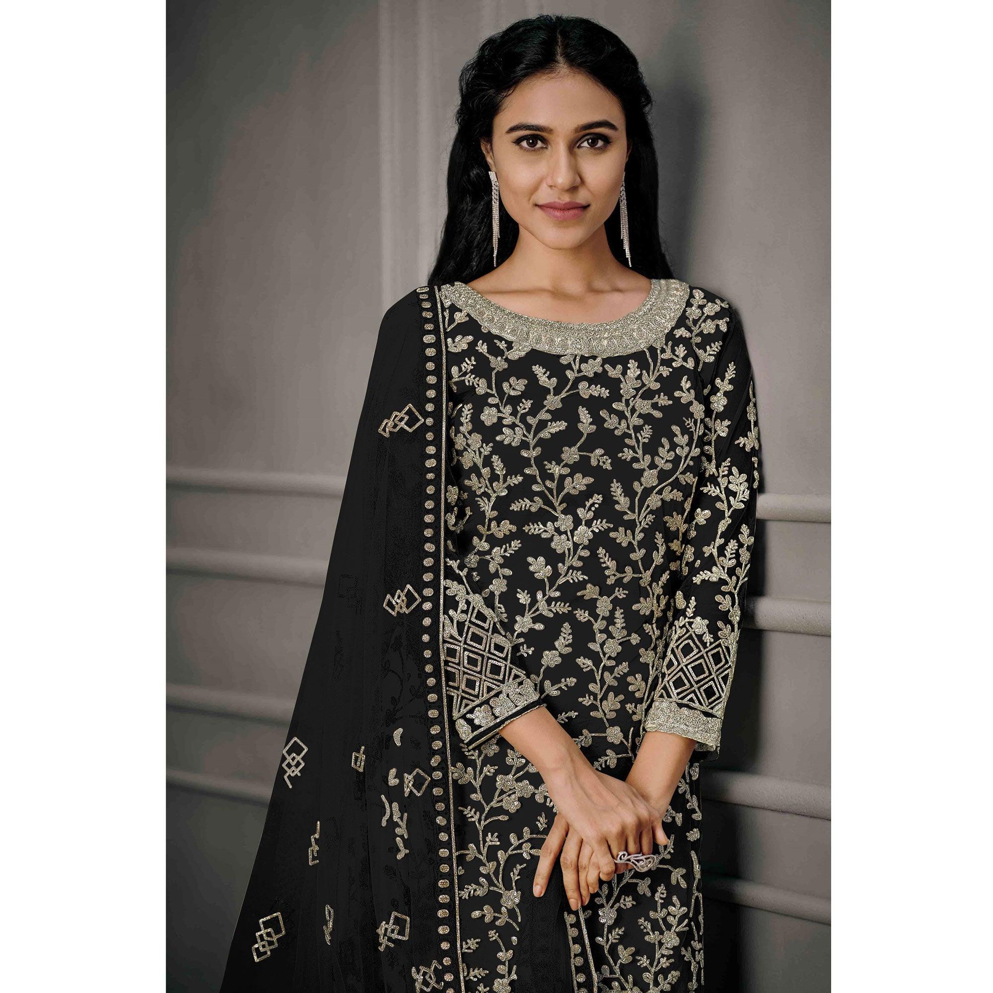 Black Sequence Floral Embroidered Net Salwar Suit - Peachmode
