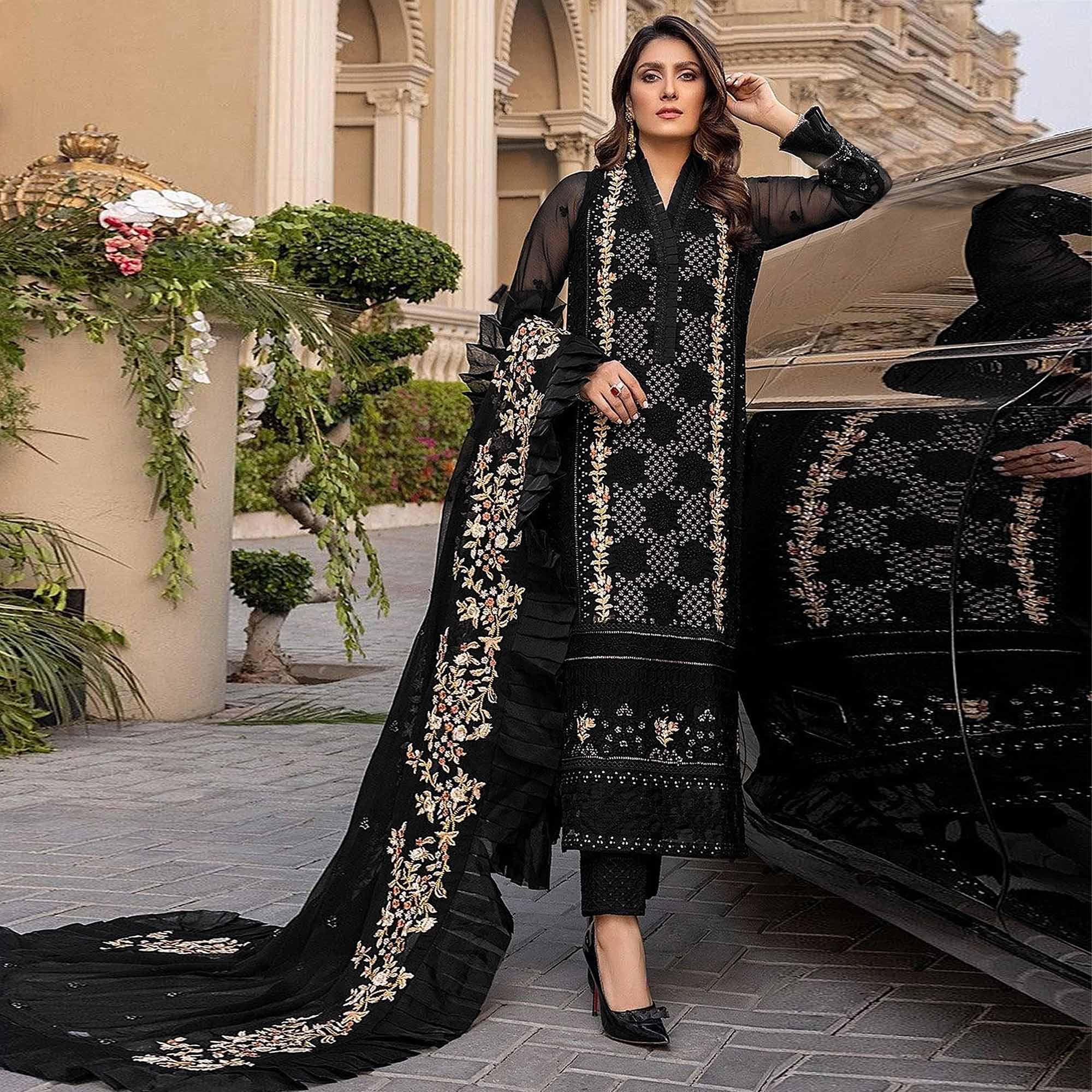 Black Sequence With Floral Embroidered Georgette Pakistani Suit - Peachmode