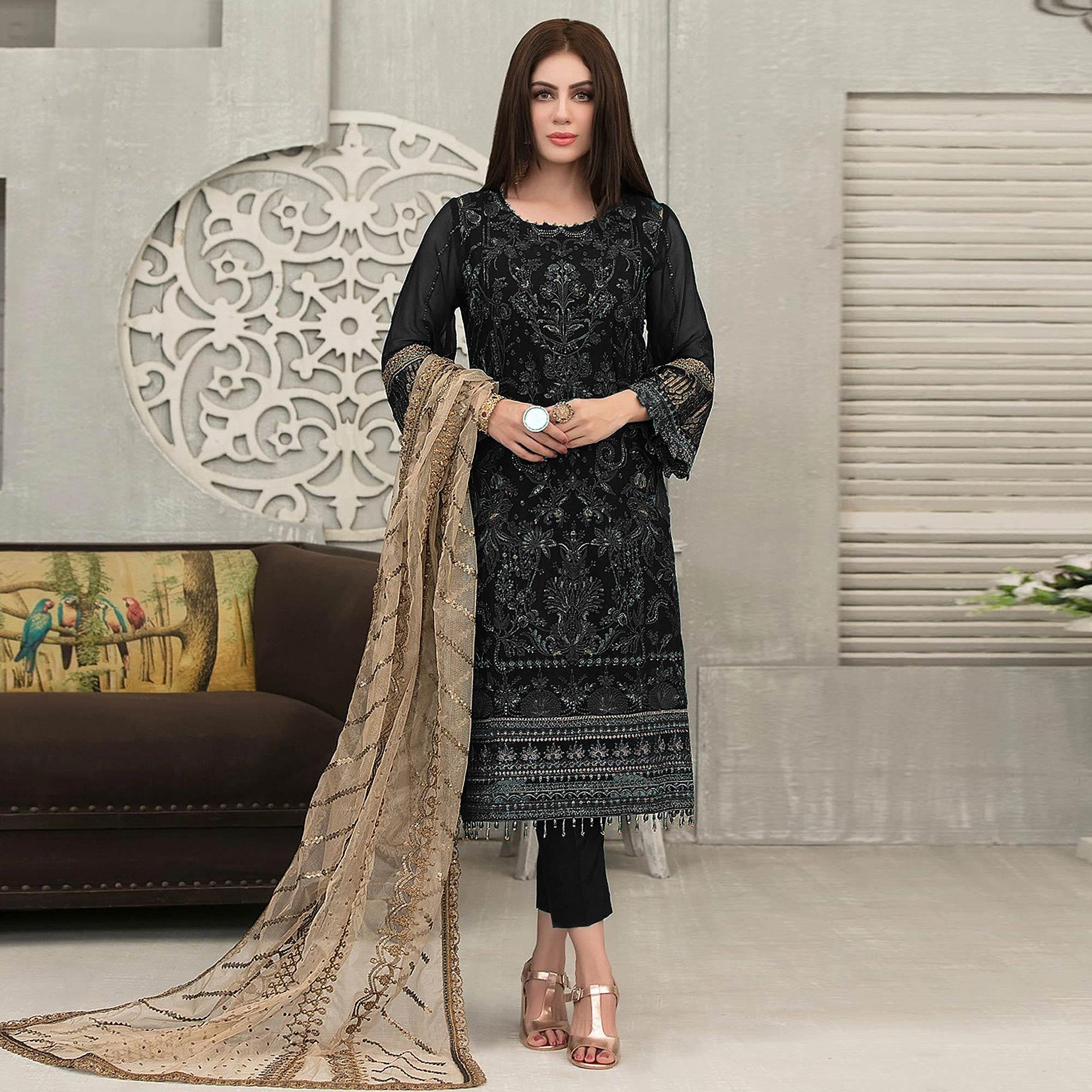 Black Sequence With Floral Embroidered Georgette Pakistani Suit - Peachmode