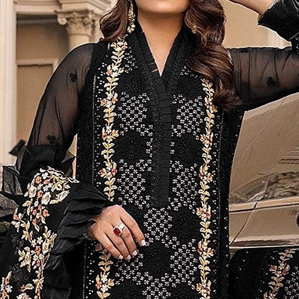 Black Sequence With Floral Embroidered Georgette Pakistani Suit - Peachmode
