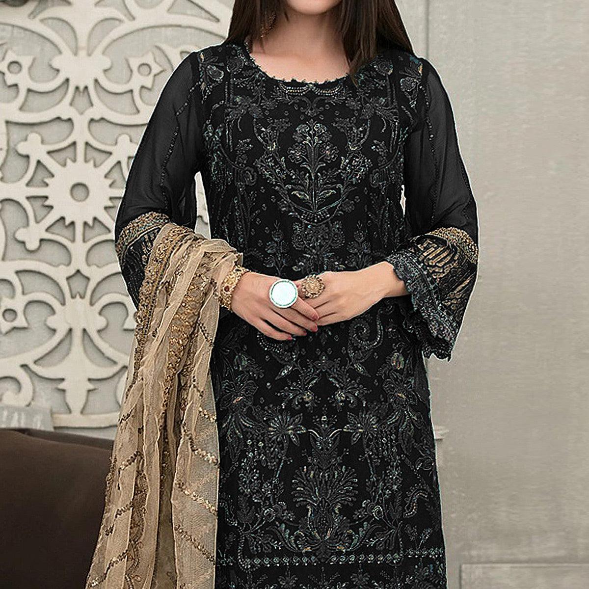 Black Sequence With Floral Embroidered Georgette Pakistani Suit - Peachmode