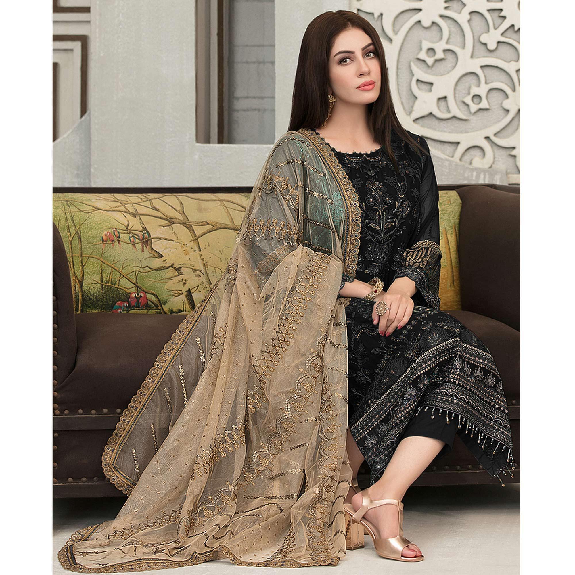Black Sequence With Floral Embroidered Georgette Pakistani Suit - Peachmode