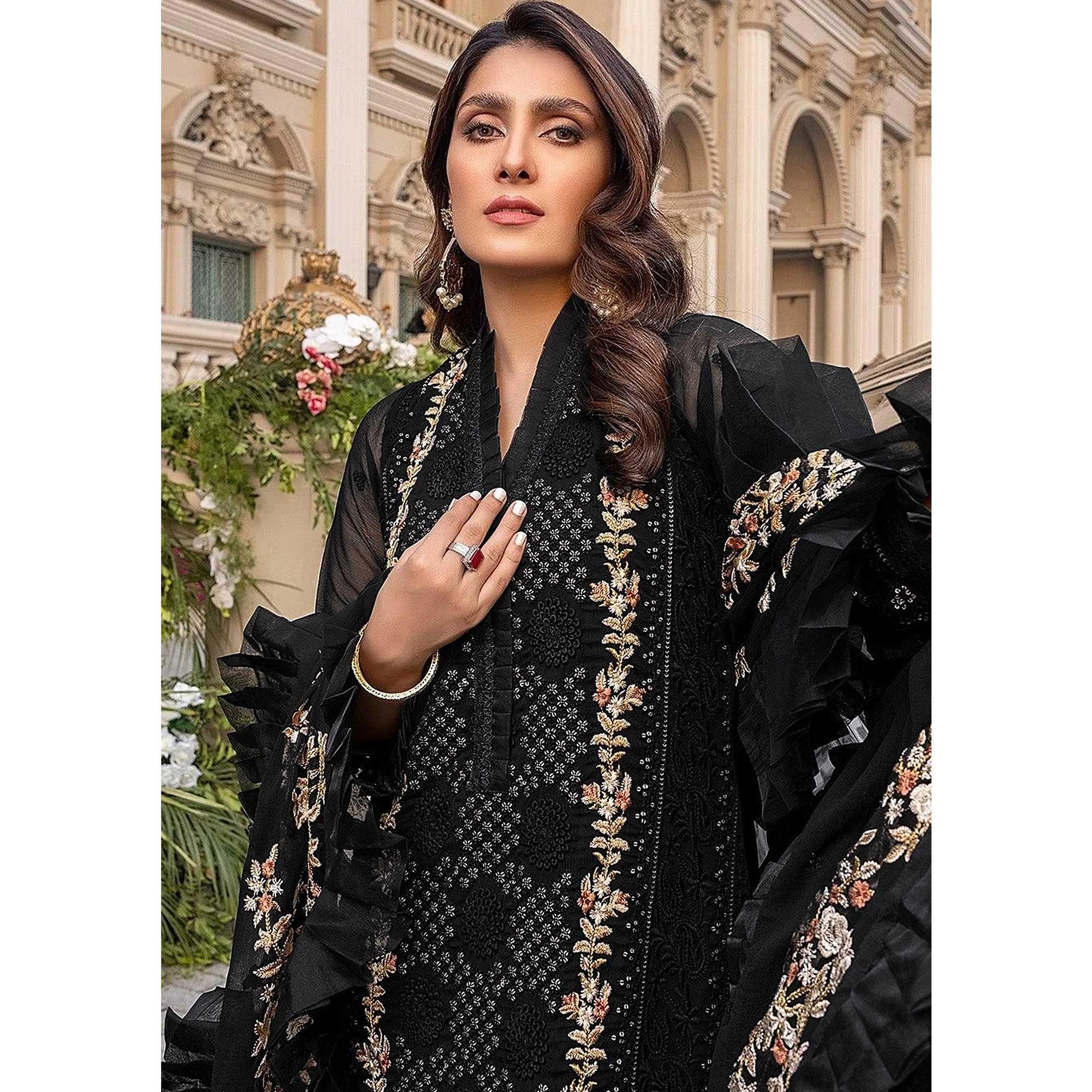 Black Sequence With Floral Embroidered Georgette Pakistani Suit - Peachmode