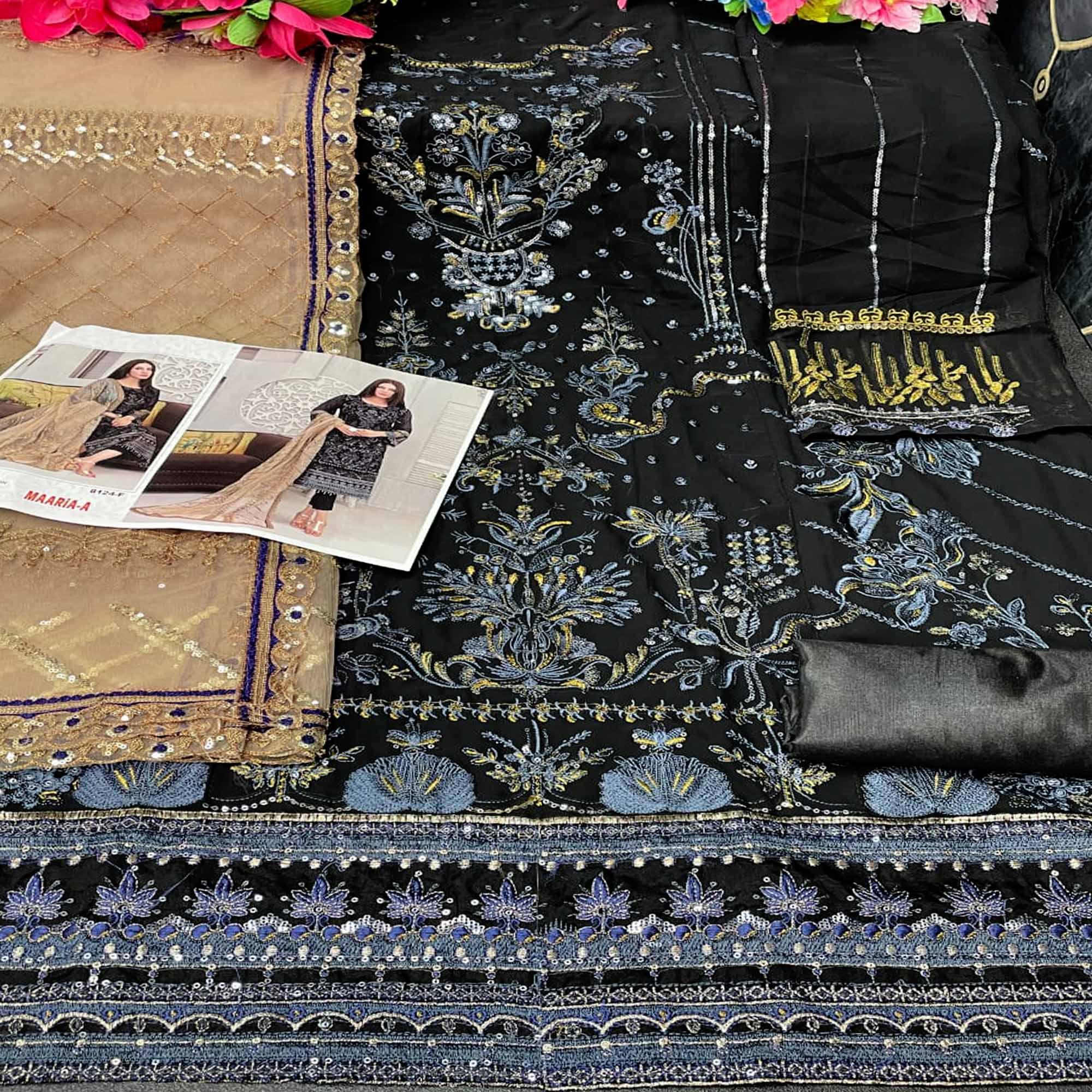 Black Sequence With Floral Embroidered Georgette Pakistani Suit - Peachmode