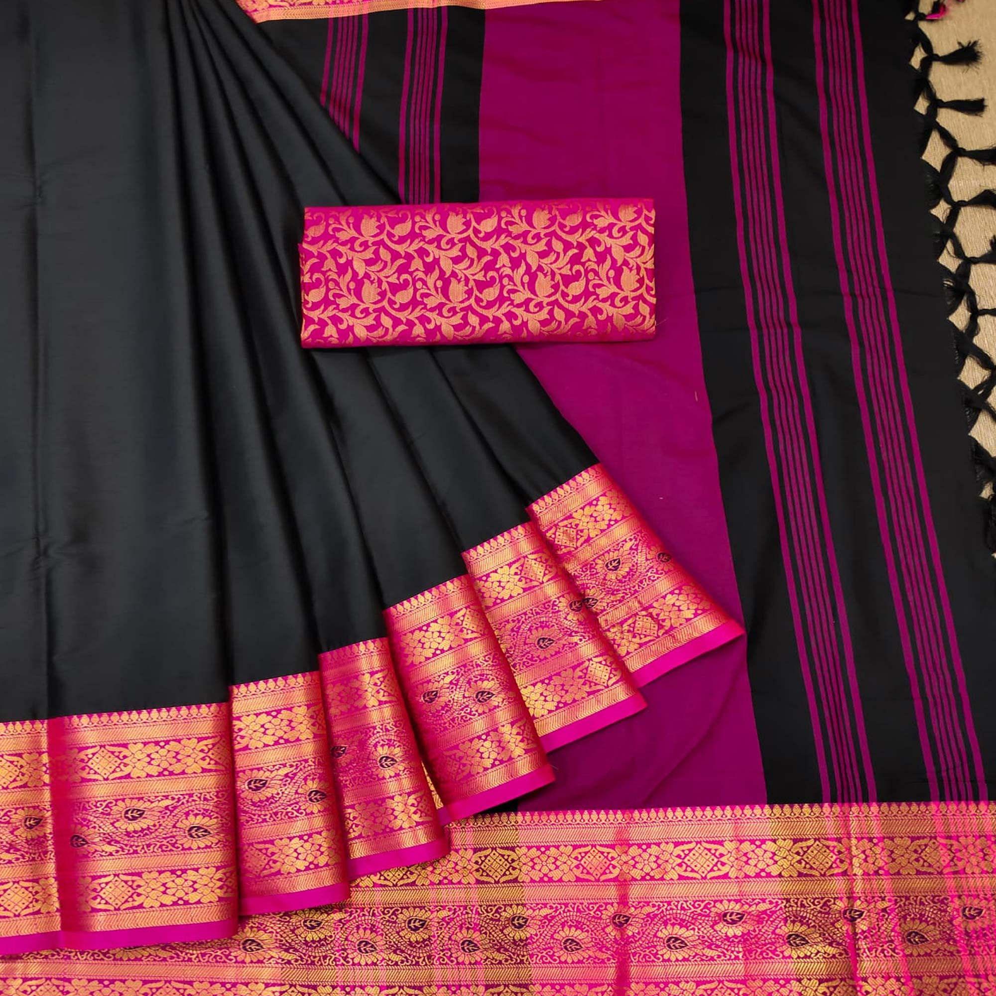 Black Solid Cotton Silk Saree - Peachmode