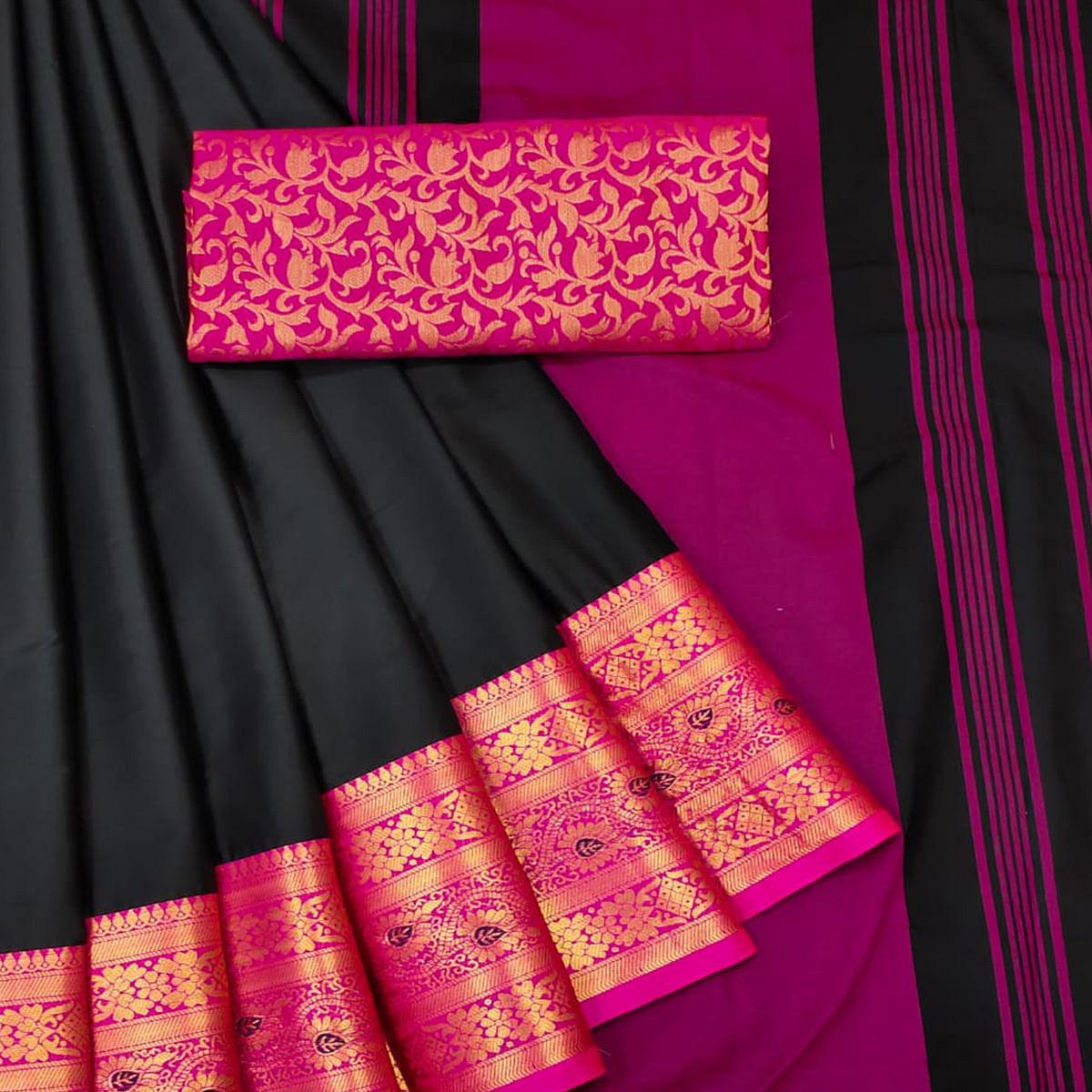 Black Solid Cotton Silk Saree - Peachmode