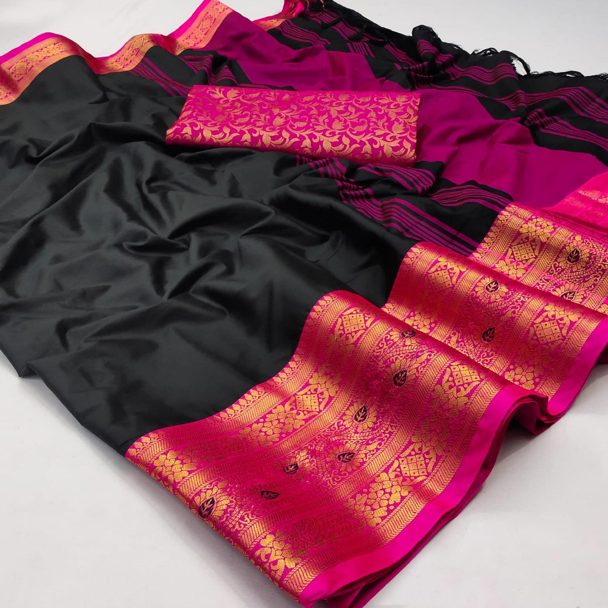 Black Solid Cotton Silk Saree - Peachmode