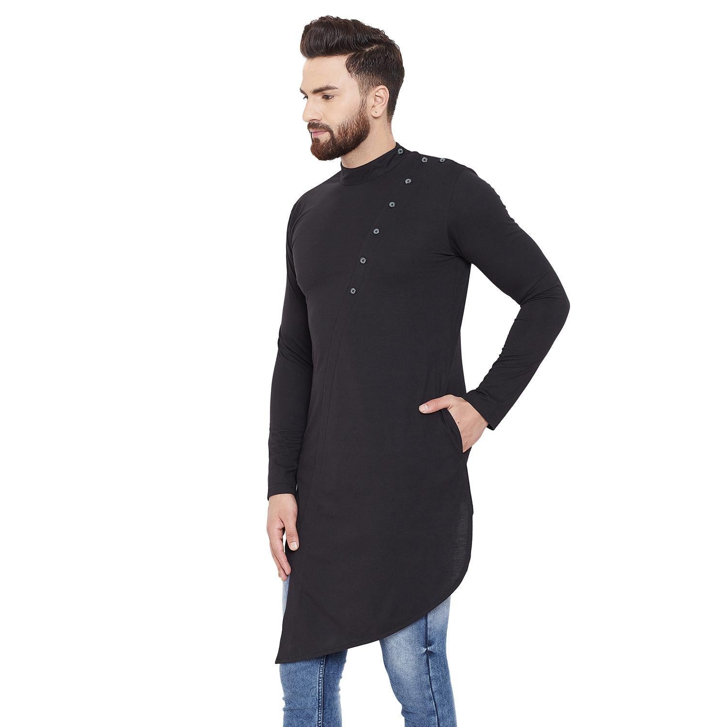 Black Solid Poly Cotton Cotton Kurta - Peachmode