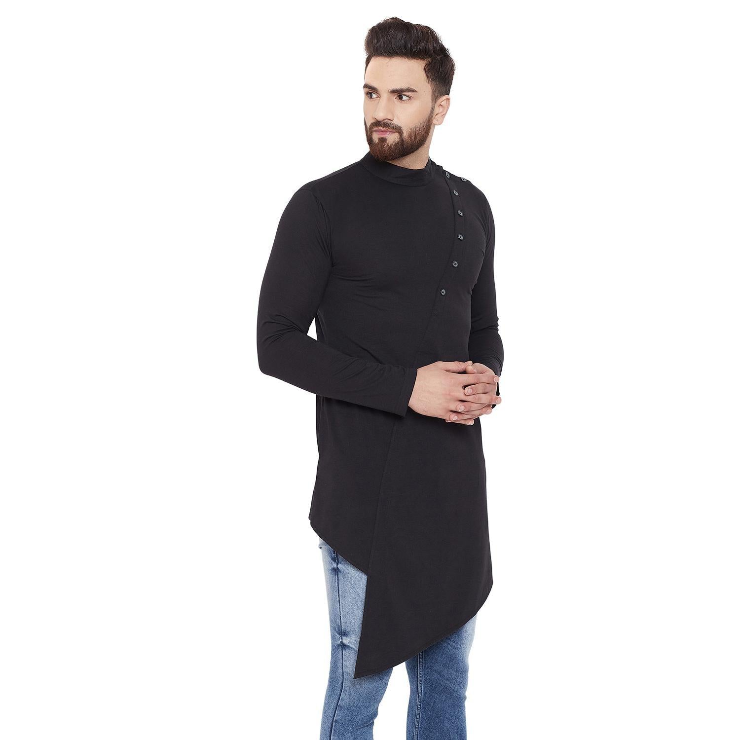 Black Solid Poly Cotton Cotton Kurta - Peachmode