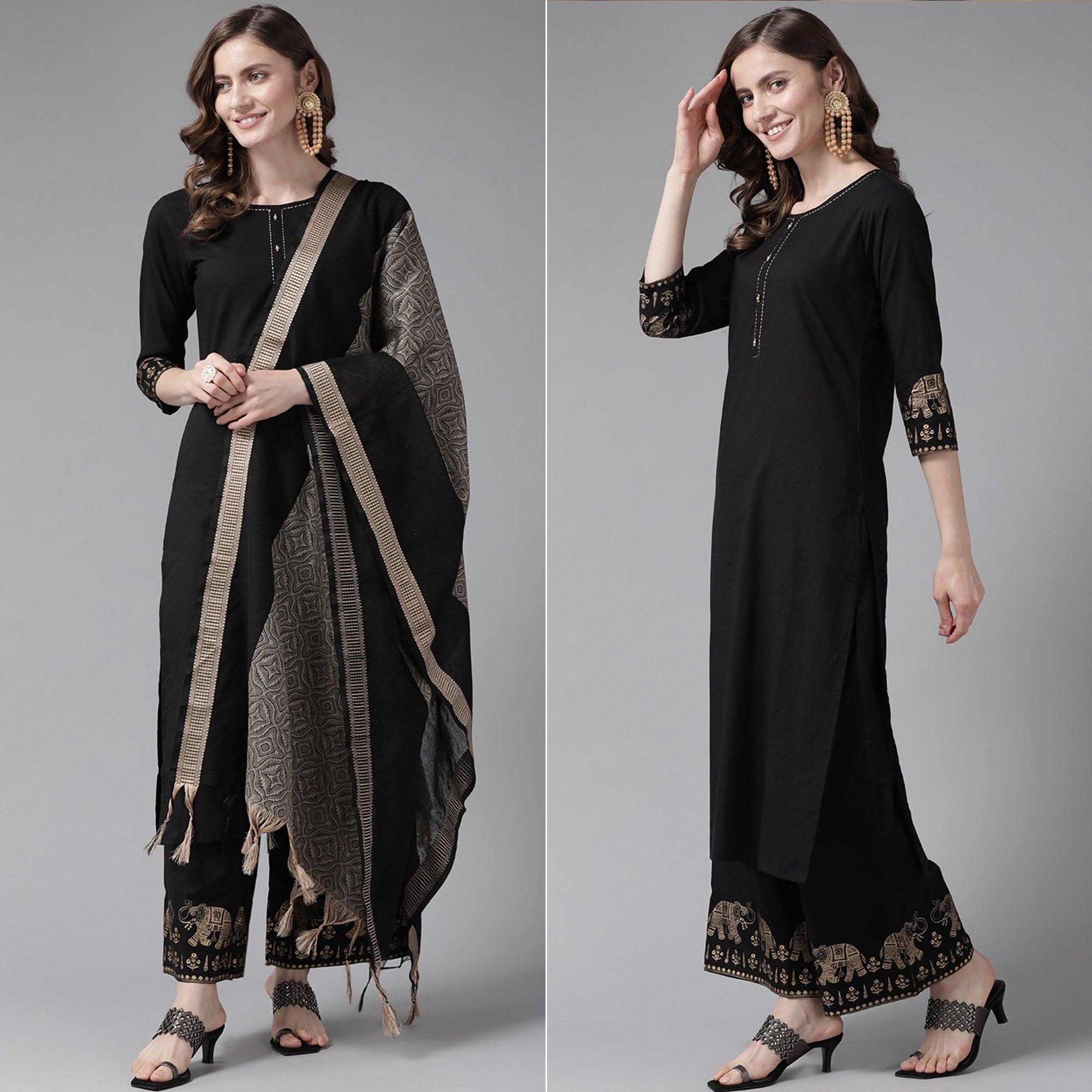 Black Solid Pure Cotton Salwar Suit - Peachmode