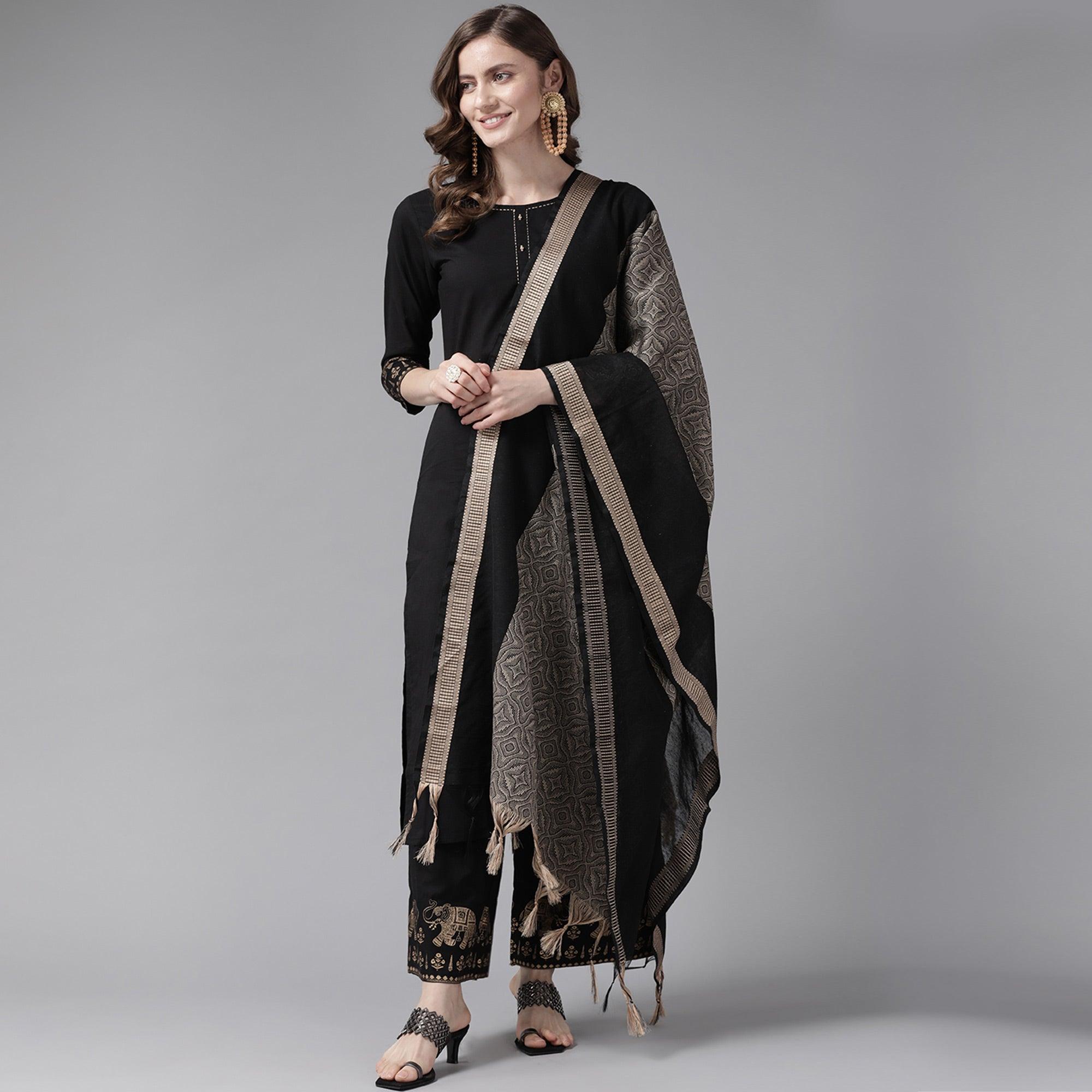 Black Solid Pure Cotton Salwar Suit - Peachmode