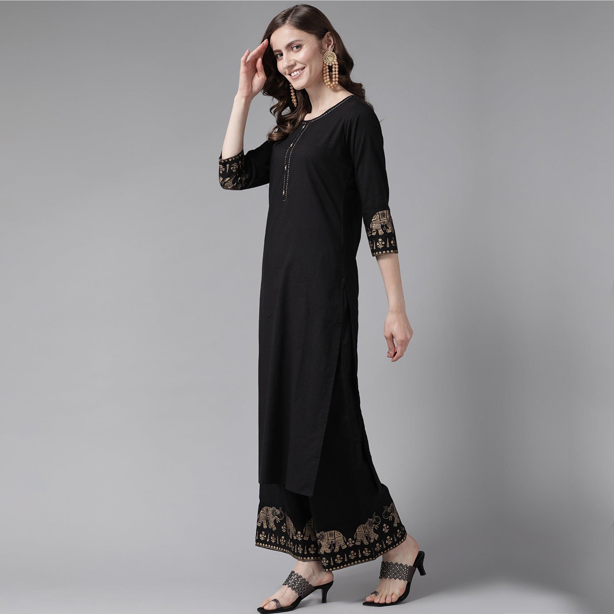 Black Solid Pure Cotton Salwar Suit - Peachmode