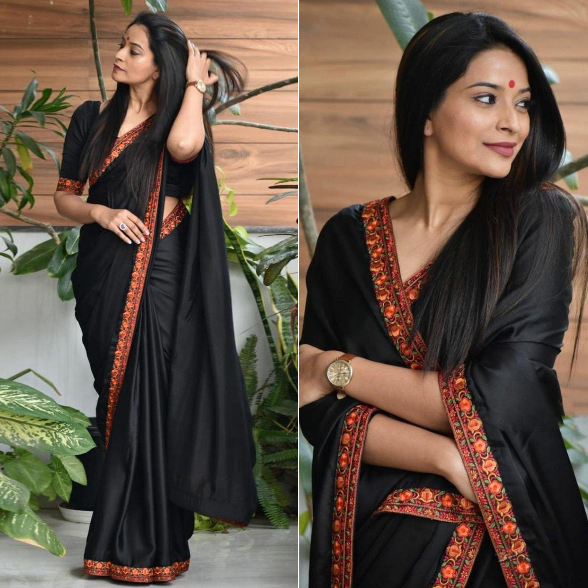 Black Solid Pure Silk Saree - Peachmode