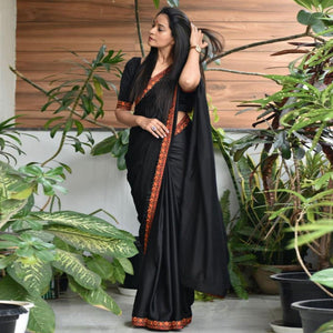 Black Solid Pure Silk Saree - Peachmode
