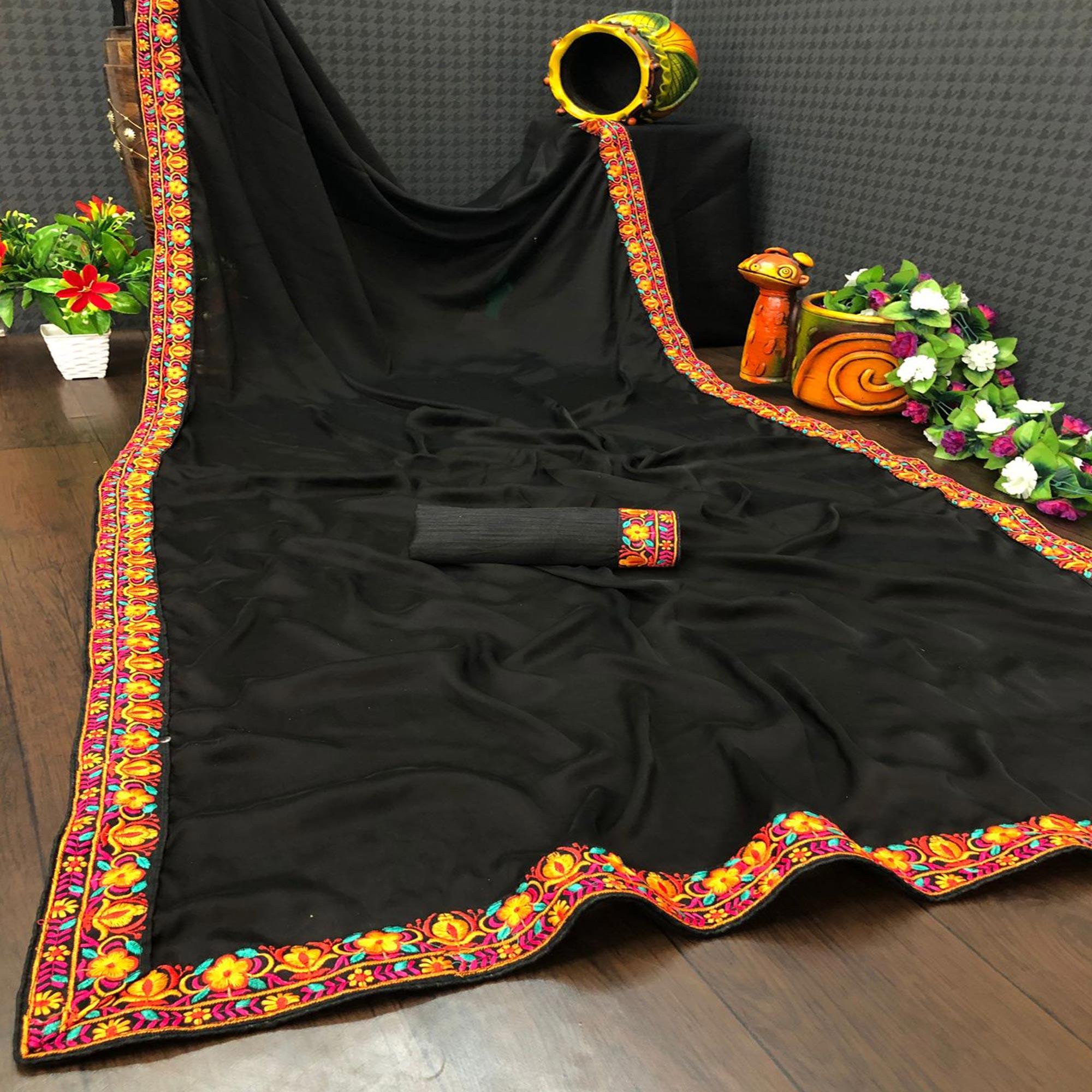 Black Solid Pure Silk Saree - Peachmode